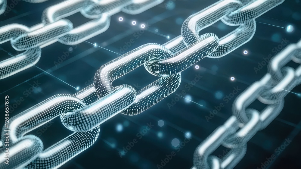 Poster close-up of metallic chain links on digital background, symbolizing strength and connection in techn