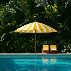 Yellow and White Striped Umbrella by Pool with Loungers