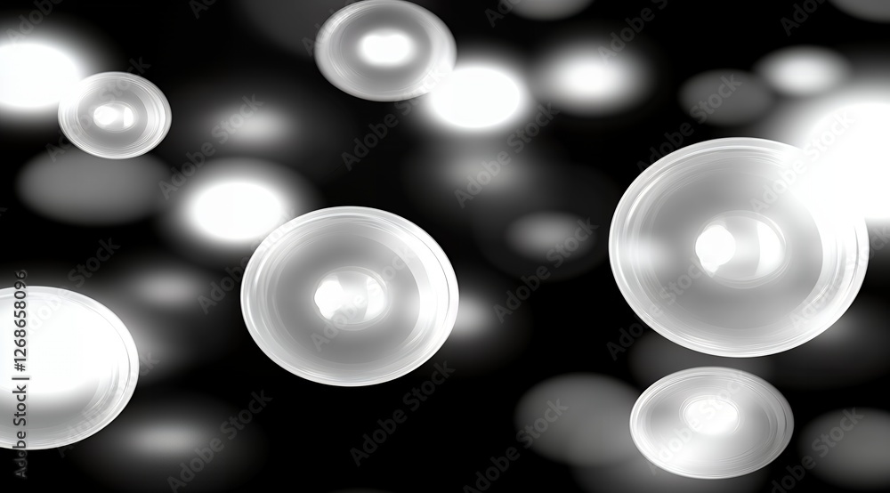 Poster abstract grayscale spheres floating in dark space glowing light orbs create a futuristic background