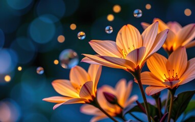 Obraz premium A stunning close-up of vibrant, glowing flowers in full bloom, illuminated with soft golden light.