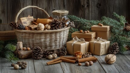 rustic christmas gift basket with pine cones and cinnamon