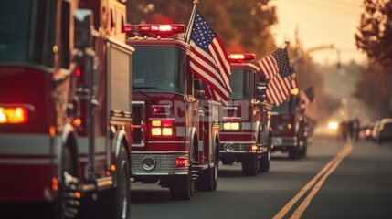 American Fire Trucks Parade at Sunset