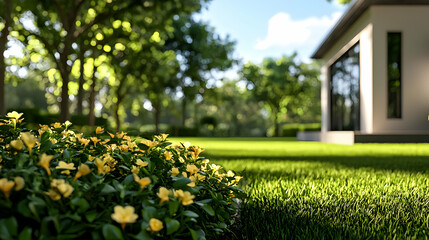 Obraz premium Yellow Flowers and Lush Green Lawn in Front of Modern House