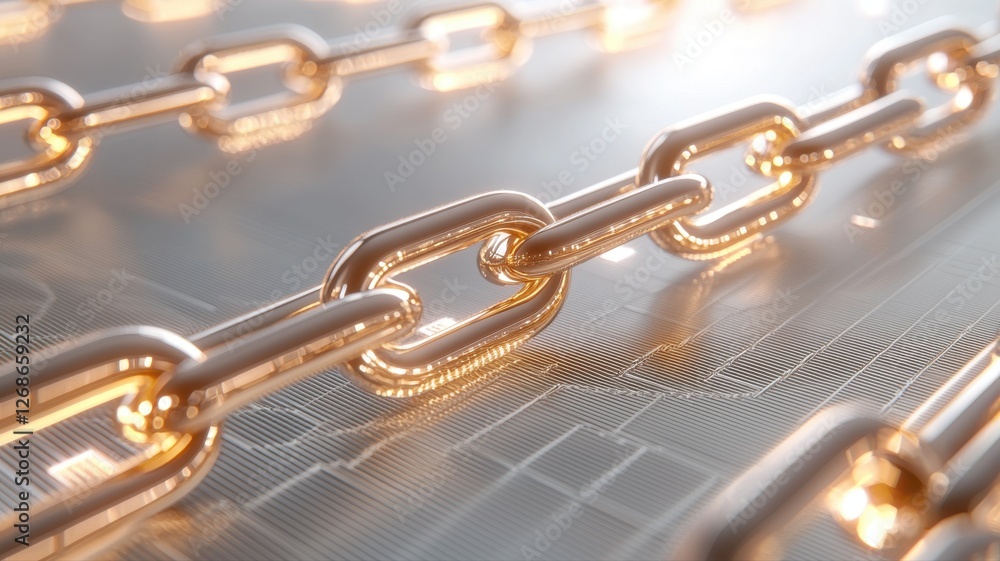 Poster close-up view of interconnected golden chains symbolizing concepts of connection, technology, and se