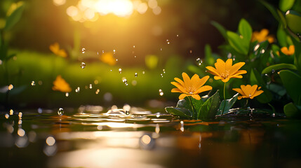 Yellow Flowers by Water at Sunset