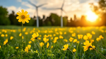 Yellow Flowers in a Field at Sunset with Wind Turbines