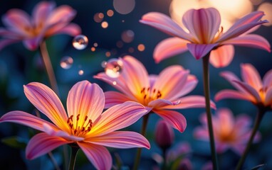 Fototapeta premium A stunning close-up of vibrant, glowing flowers in full bloom, illuminated with soft golden light.