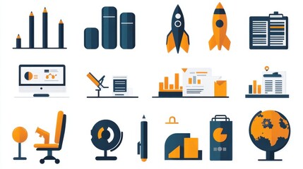 Pixel Art Business and Data Icon Set on White Backgrounds for Web Design