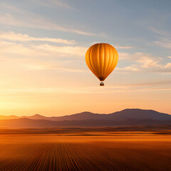 Fototapeta premium Yellow Hot Air Balloon Over a Desert at Sunrise