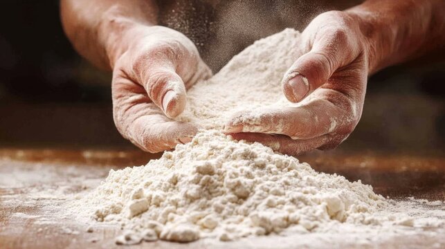 baker hands sifting flour freshly milled wheat flour pile