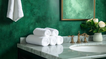 Rolled white towels on marble counter in a green bathroom with gold faucets, flowers, and mirror.