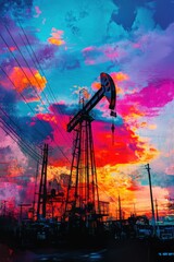 Fototapeta premium Vibrant Sunset over Oil Pump