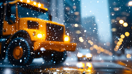 Yellow Snowplow Truck Driving Through Snowy City at Night
