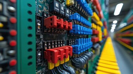 Close-up of a circuit board with colorful connectors and components.