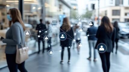 Digital network illustration overlayed on a busy street, depicting modern connectivity and communication.