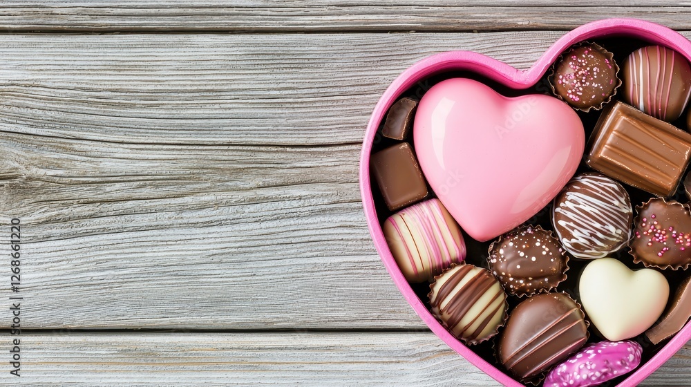 Poster assortment of assorted chocolates in a pink heart shaped box on a rustic wooden background. top view