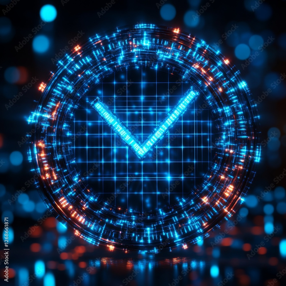 Aufkleber futuristic digital checkmark: a glowing neon symbol of confirmation and verification in a sci-fi cyb