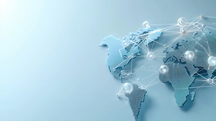 Digital world connectivity concept with a 3D network map showing global communication and data exchange.