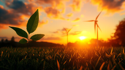 Young Plant Growing in Field at Sunset with Wind Turbines