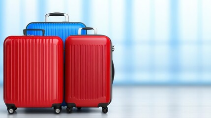 Three suitcases, one red and two blue, sit on a light gray surface against a blurred light blue background. The image suggests travel and journey