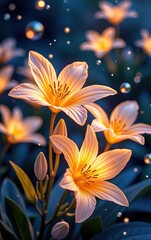 Fototapeta premium A stunning close-up of vibrant, glowing flowers in full bloom, illuminated with soft golden light.