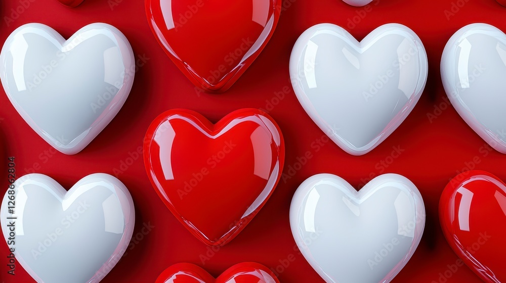 Poster red and white glossy hearts arranged in a repeating pattern on a red background. a high angle, close