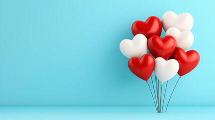 Red and white heart shaped balloons against a light blue background. A festive and romantic image, perfect for celebrations.  Simple, clean studio