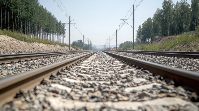 Railway tracks stretch into the distance flanked by green trees under a clear sky during daytime.
