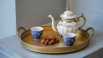 Fototapeta premium Elegant Tea Set with Dates on a Golden Tray