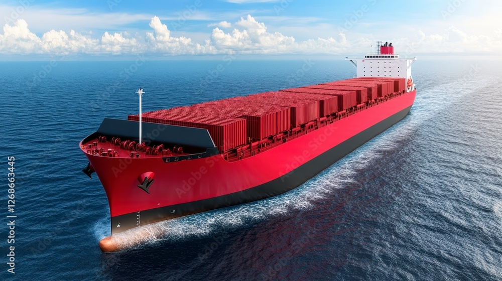 Poster red container ship sailing on a calm blue ocean under a partly cloudy sky. the vessel is fully loade