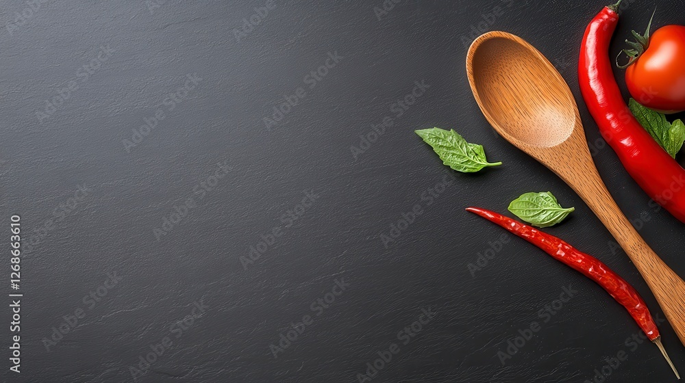 Sticker Overhead close up of red chili peppers, a tomato, fresh basil leaves, and a wooden spoon arranged on a dark gray textured surface. Plenty of copy