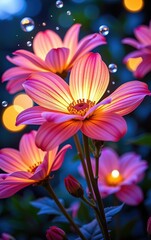 Naklejka premium A stunning close-up of vibrant, glowing flowers in full bloom, illuminated with soft golden light.