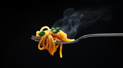 Steaming spaghetti on a fork against a black background. (1)