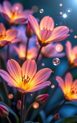 Fototapeta premium A stunning close-up of vibrant, glowing flowers in full bloom, illuminated with soft golden light.
