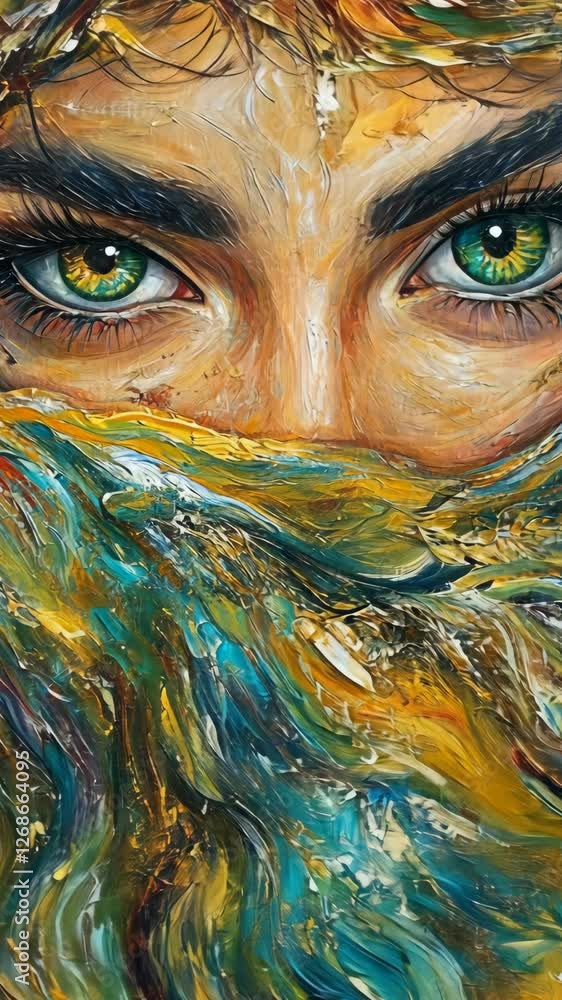 Poster unique portrayal of eyes surrounded by colorful textures and patterns, emphasizing emotion and artis