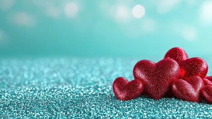 Fototapeta premium Red heart shaped decorations on a teal glitter background. Festive image perfect for Valentine's Day or romantic themes. The soft lighting and bokeh