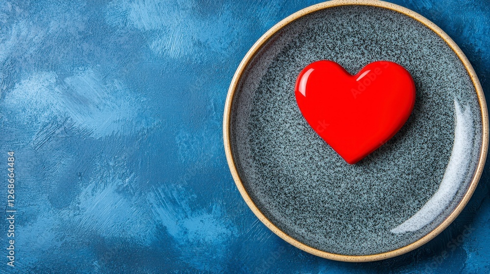 Poster overhead close up view of a small red heart shaped object on a gray speckled plate against a blue te