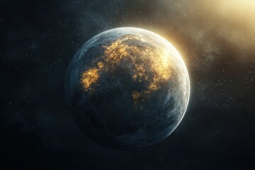 Fototapeta premium Planet surrounded by stars with glowing areas on its surface in deep space