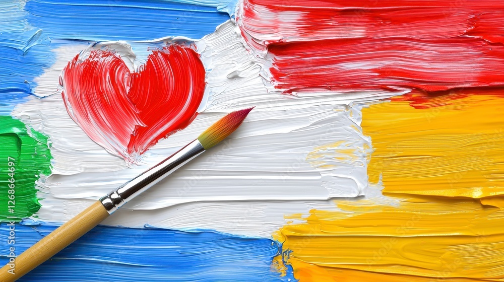 Poster close up view of a paintbrush resting on a vibrant canvas with a red heart shape and colorful paint 