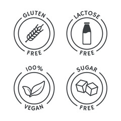 Set of vegan badges. Gluten, lactose, sugar free. Product packaging labels