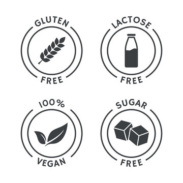 Set of vegan badges. Gluten, lactose, sugar free. Product packaging labels