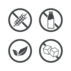 Set of vegan badges. Gluten, lactose, sugar free. Product packaging labels