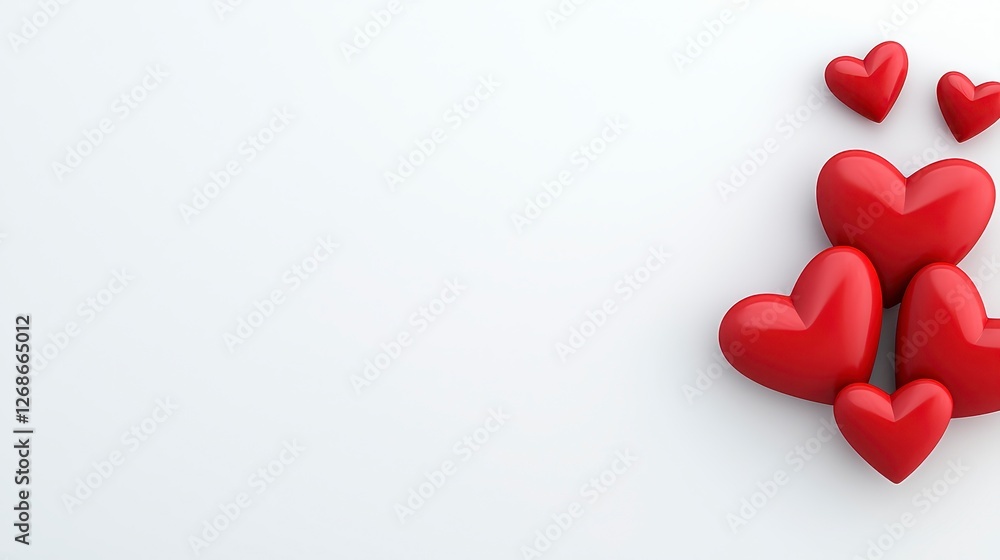 Poster a minimalist, clean background featuring a cluster of red heart shapes on the right side. the hearts