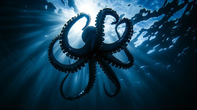 Majestic Giant Pacific Octopus Silhouette Underwater Sunbeams Ocean Depth