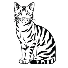 Black and White Vector Illustration of a Striped Cat Sitting Gracefully