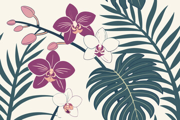 Vibrant orchids with tropical leaves in a seamless layout.