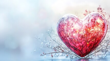 Red Glass Heart with Delicate Winter Flowers