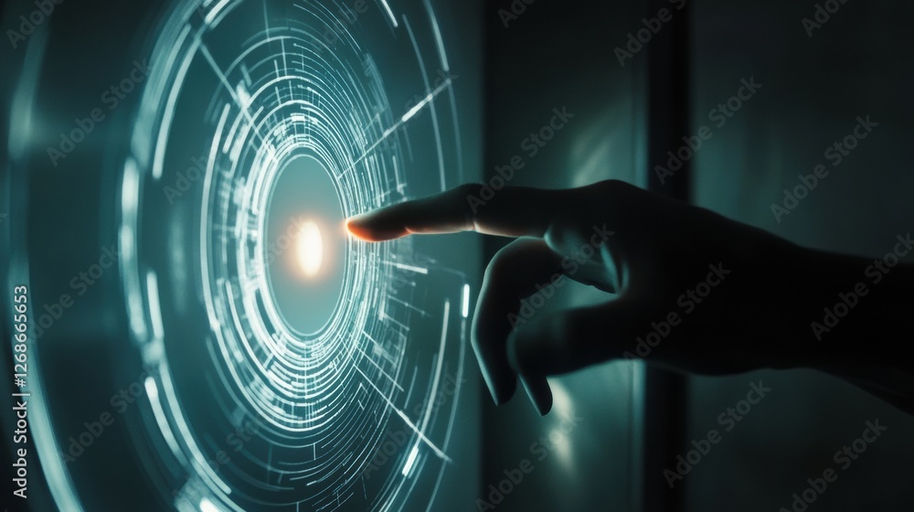 Poster Robotic hand interacts with virtual glowing button in futuristic digital environment. Generative AI