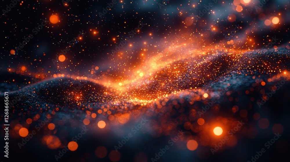 Poster abstract visualization of glowing particles in a cosmic environment.