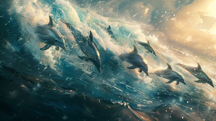 Fototapeta premium A pod of dolphins gracefully leaping through a wave at sunset, ocean spray and sunlight illuminating the scene